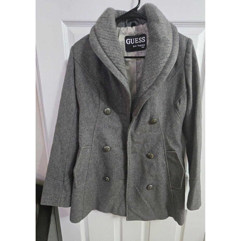 GUESS Los Angeles Heather Grey 60% Wool Blend Double-Breasted Peacoat 221MW398